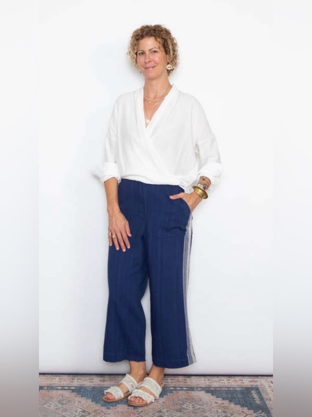 NWT V. De Vinster Durga Pants in Indigo Blue Wide Leg Linen Look Cotton Sz L